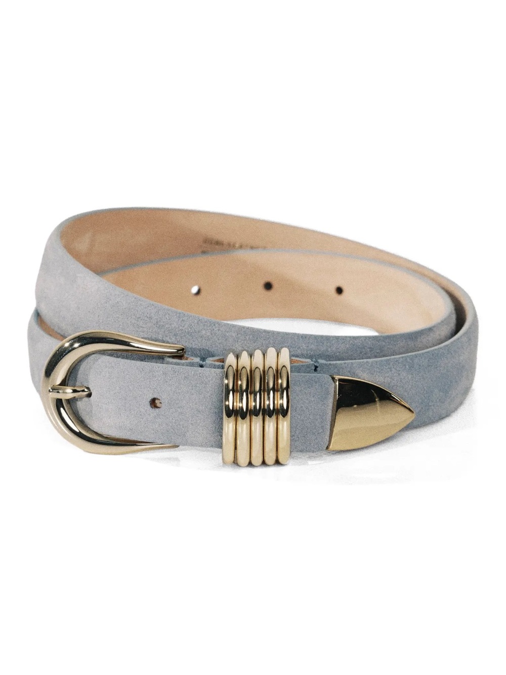 DÉHANCHE EUC Hollyhock Blue Suede Leather Belt 24K Gold Multi-Ring Buckle